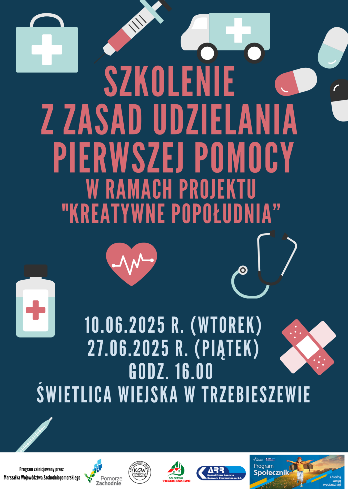 szkolenie z zasad udzielania pierwszej pomocy, które może uratować życie! ❤️ Szkolenie realizowane jest w ramach projekty “Kreatywne popołudnia” z programu “Społecznik na 5!”, przez Koło Gospodyń Wiejskich w Trzebieszewie.