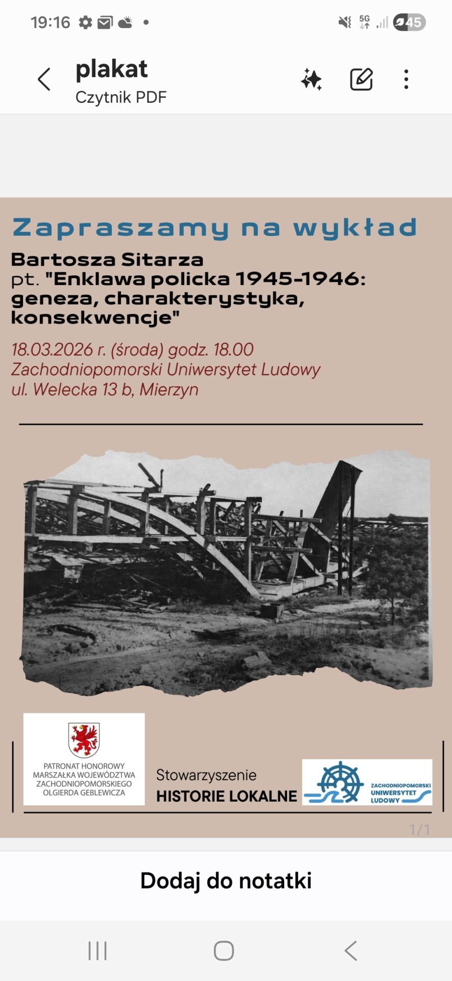 Wykład Bartosza Sitarza pt. “ENKLAWA POLICKA 1945-1946: geneza, charakterystyka, konsekwencje”